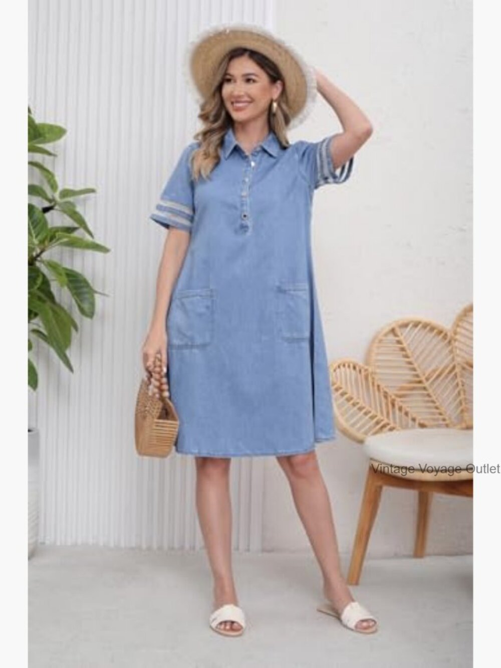 Tulle Sleeve Denim Midi Dress with Pockets A-Line Button Front - Picture 5 of 7